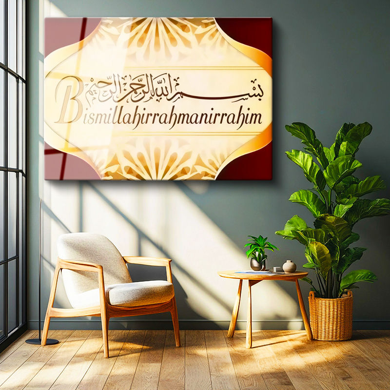 Tamperli Gerçek Cam Tablo Besmele Yazısı Pastel Tonlu Dini İslami Tablo Duvar Dekoru