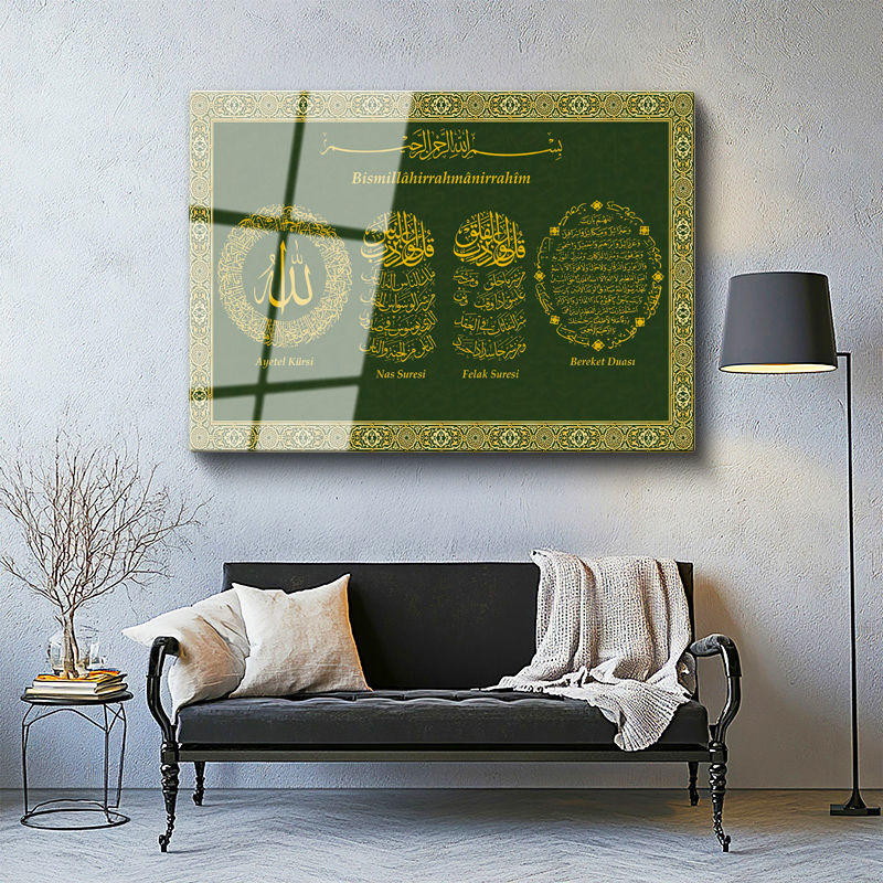 Tamperli Gerçek Cam Tablo Otantik Desenli Ayetel Kürsi Felak Nas Suresi Bereket Duası İslami Tablo