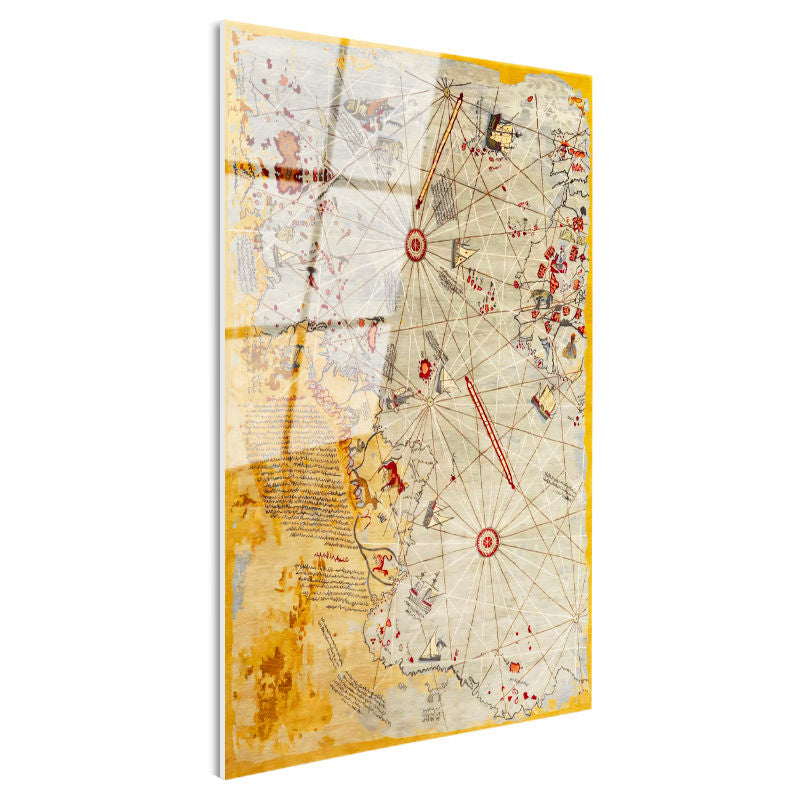 Tamperli Gerçek Cam Tablo Piri Reis Denizci Pusula Harita Tablosu Duvar Dekoru