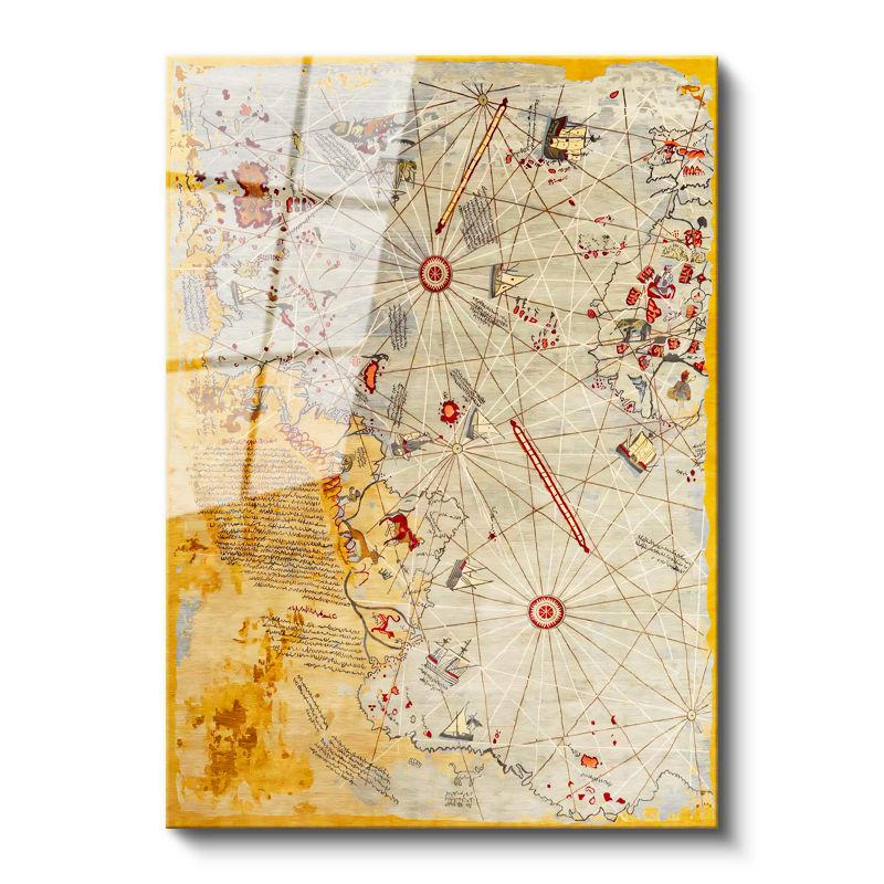Tamperli Gerçek Cam Tablo Piri Reis Denizci Pusula Harita Tablosu Duvar Dekoru