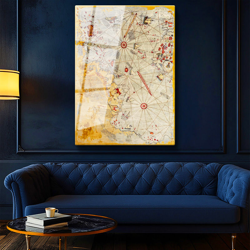 Tamperli Gerçek Cam Tablo Piri Reis Denizci Pusula Harita Tablosu Duvar Dekoru