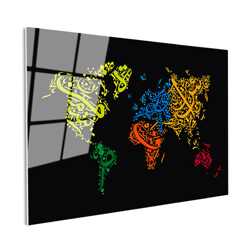 Tamperli Gerçek Cam Tablo Arapça Hat Sanatı Dünya Harita Tablosu Duvar Dekoru