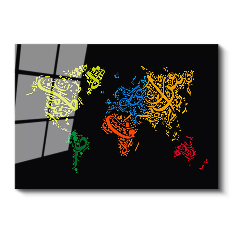 Tamperli Gerçek Cam Tablo Arapça Hat Sanatı Dünya Harita Tablosu Duvar Dekoru