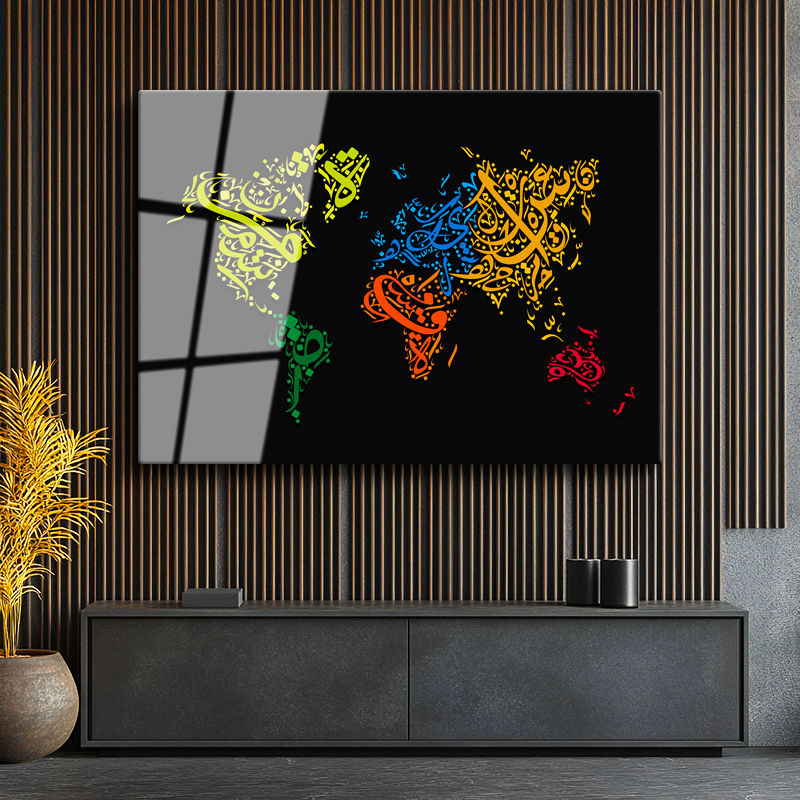 Tamperli Gerçek Cam Tablo Arapça Hat Sanatı Dünya Harita Tablosu Duvar Dekoru