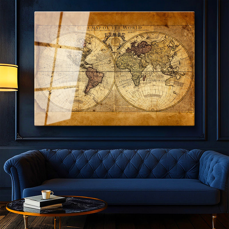 Tamperli Gerçek Cam Tablo Antik Çift Küre Yeryüzü Harita Tablosu Duvar Dekoru