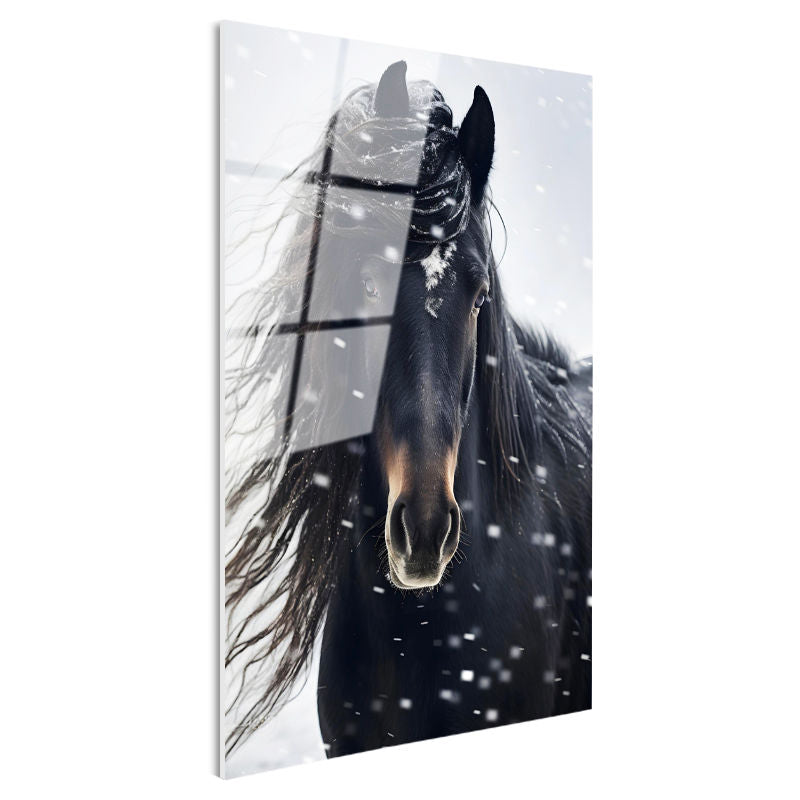 Tamperli Gerçek Cam Tablo Kış Temalı Yeleli At Tablosu Duvar Dekoru