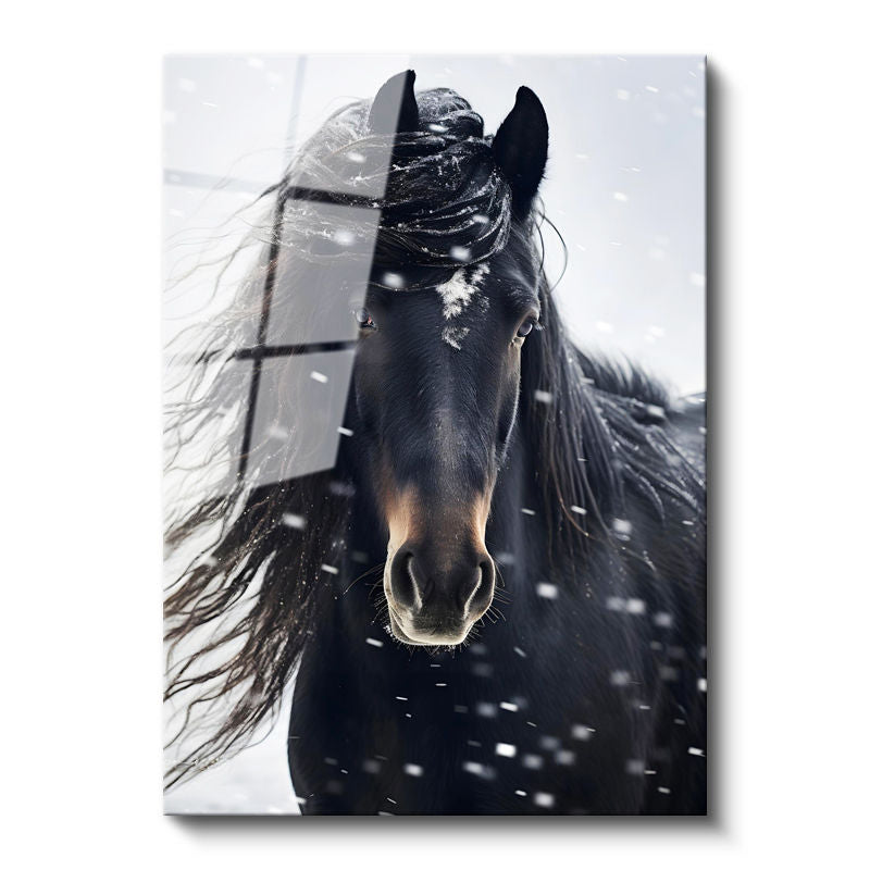 Tamperli Gerçek Cam Tablo Kış Temalı Yeleli At Tablosu Duvar Dekoru