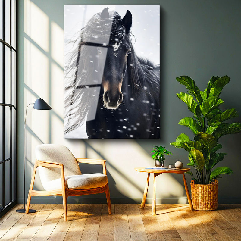 Tamperli Gerçek Cam Tablo Kış Temalı Yeleli At Tablosu Duvar Dekoru