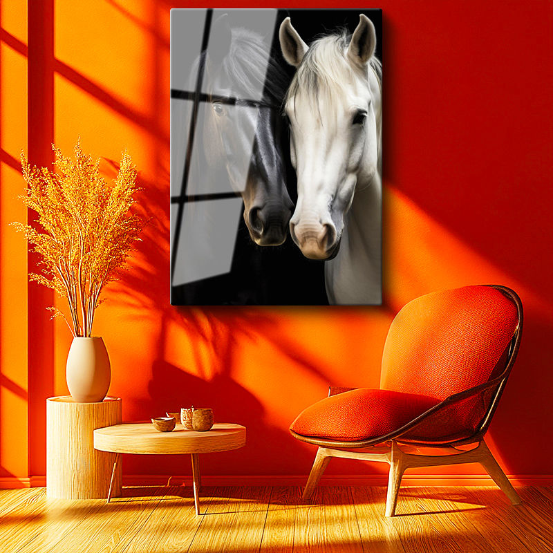 Tamperli Gerçek Cam Tablo Zıt Tonlu İkili At Tablosu Duvar Dekoru