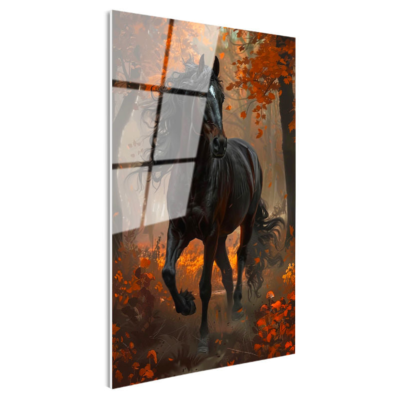 Tamperli Gerçek Cam Tablo Sonbahar Temalı At Tablosu Duvar Dekoru