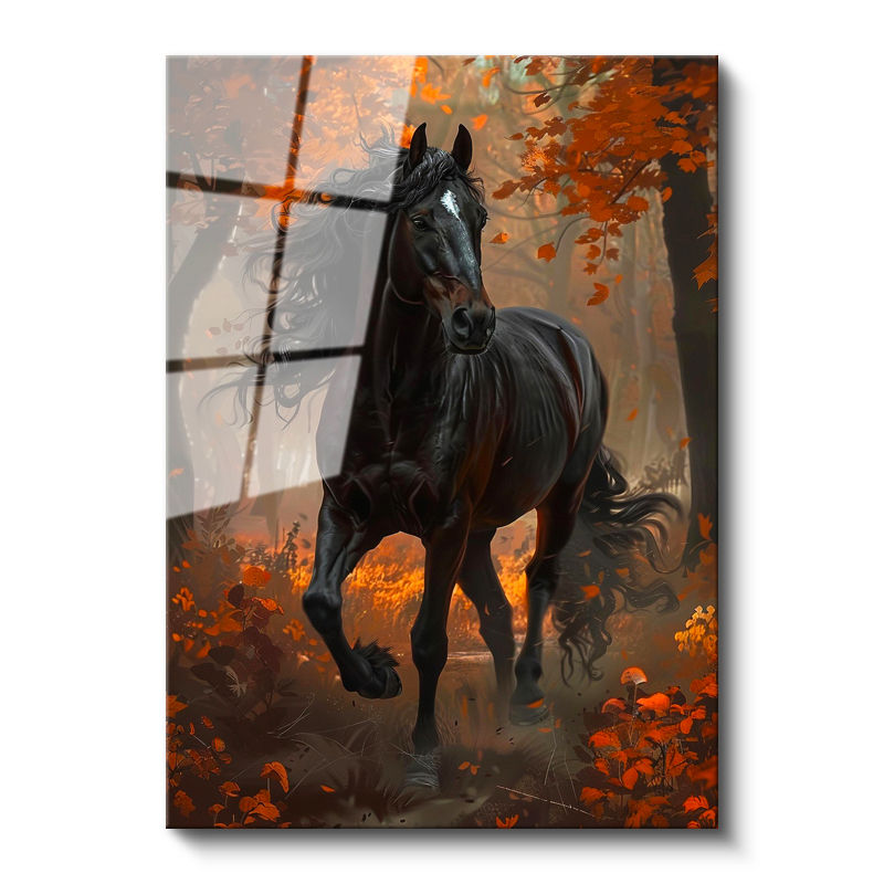 Tamperli Gerçek Cam Tablo Sonbahar Temalı At Tablosu Duvar Dekoru