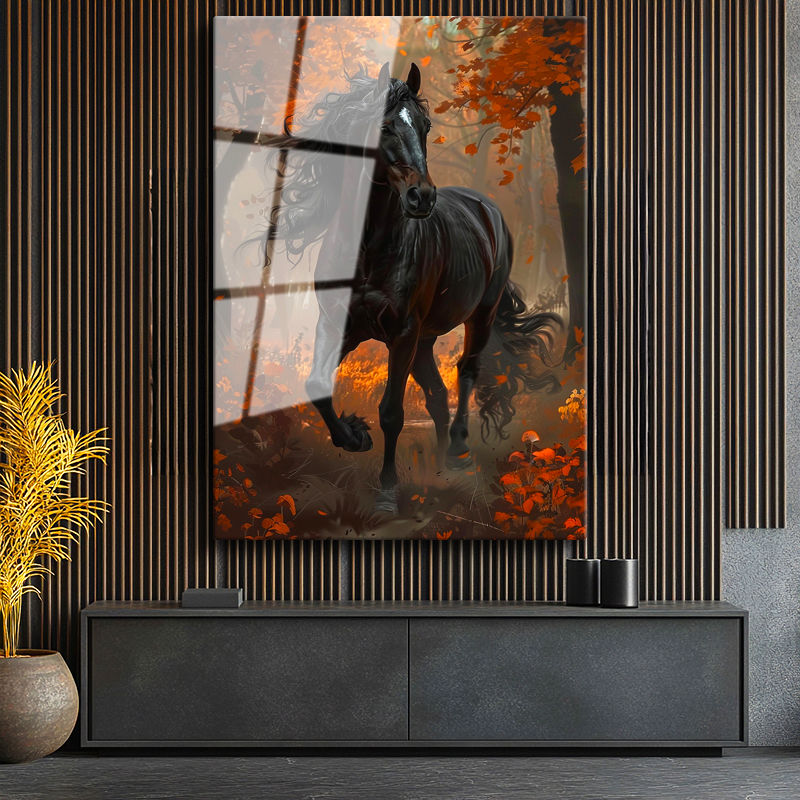 Tamperli Gerçek Cam Tablo Sonbahar Temalı At Tablosu Duvar Dekoru