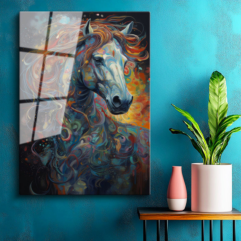 Tamperli Gerçek Cam Tablo Soyut Renk Geçişli At Tablosu Duvar Dekoru