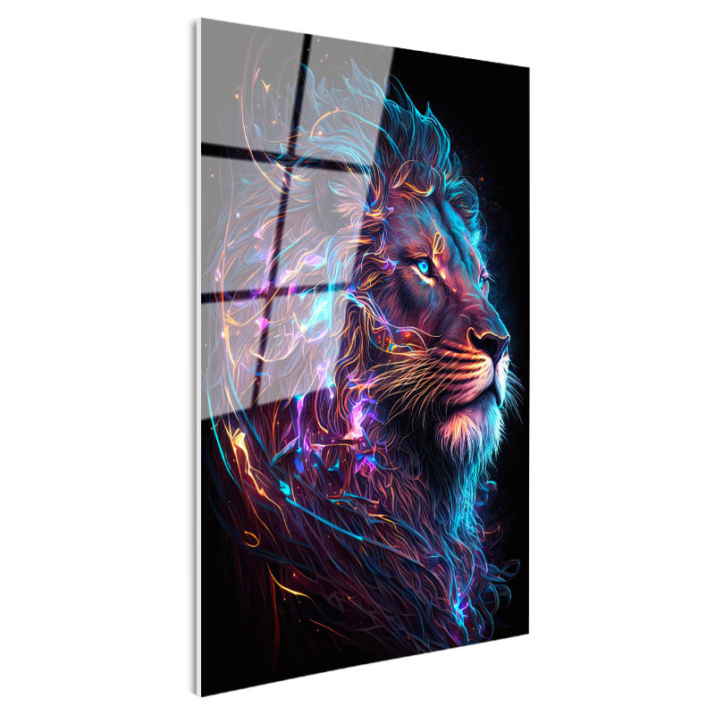 Tamperli Gerçek Cam Tablo Neon Çizgisel Aslan Tablosu Duvar Dekoru