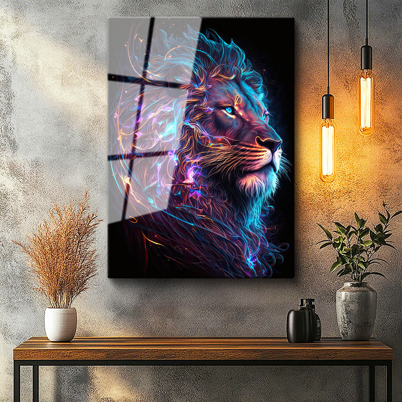 Tamperli Gerçek Cam Tablo Neon Çizgisel Aslan Tablosu Duvar Dekoru