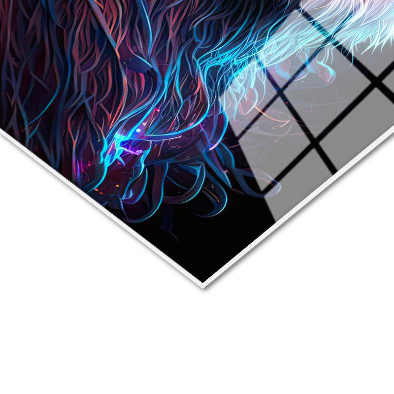 Tamperli Gerçek Cam Tablo Neon Çizgisel Aslan Tablosu Duvar Dekoru