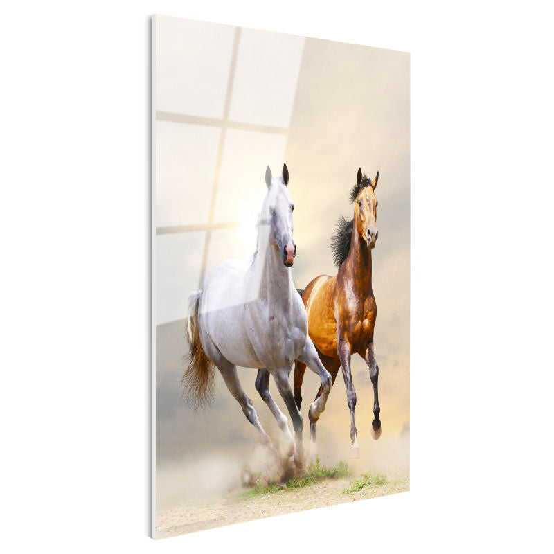 Tamperli Gerçek Cam Tablo Özgür Ruhlu İkili At Tablosu Duvar Dekoru