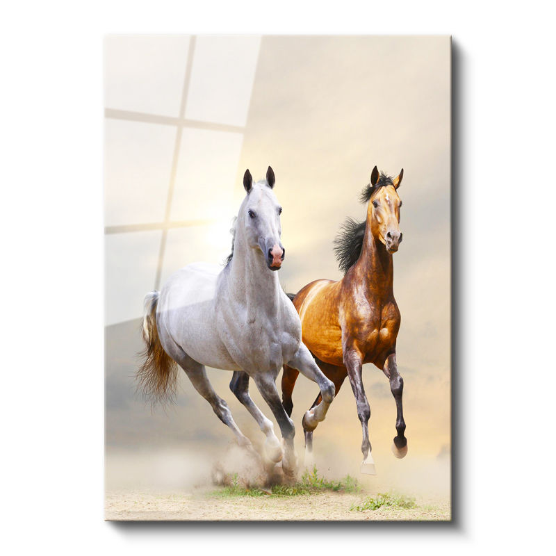Tamperli Gerçek Cam Tablo Özgür Ruhlu İkili At Tablosu Duvar Dekoru