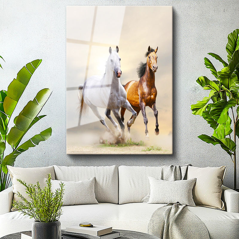 Tamperli Gerçek Cam Tablo Özgür Ruhlu İkili At Tablosu Duvar Dekoru