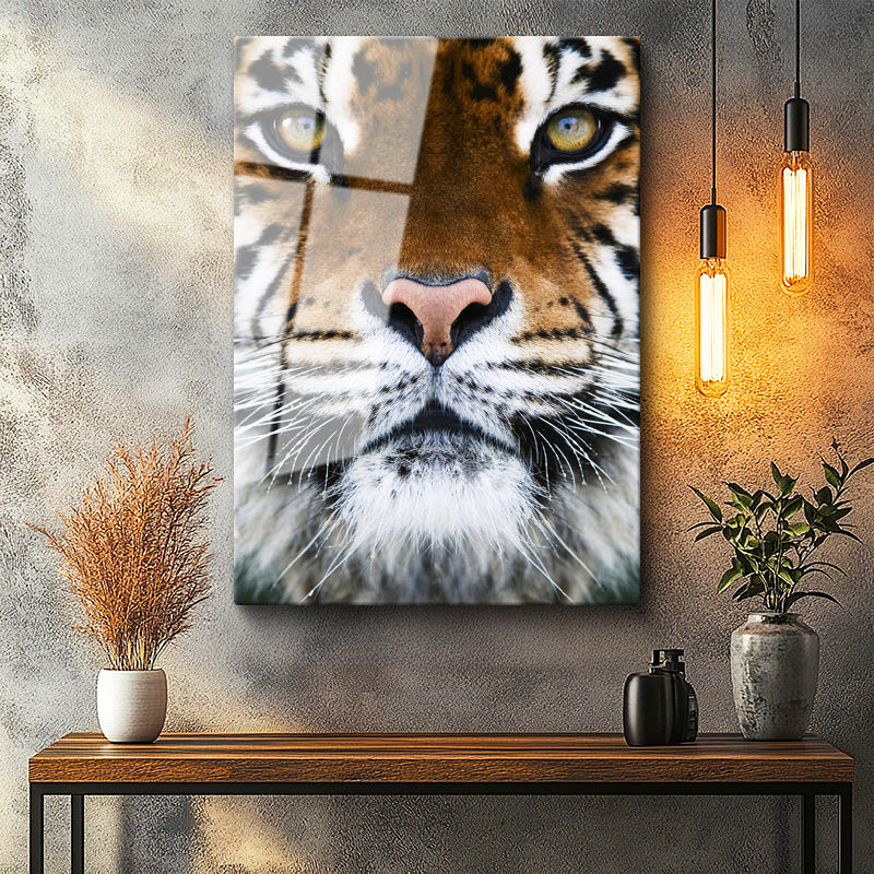 Tamperli Gerçek Cam Tablo Simetrik Yüz Detay Kaplan Tablosu Duvar Dekoru