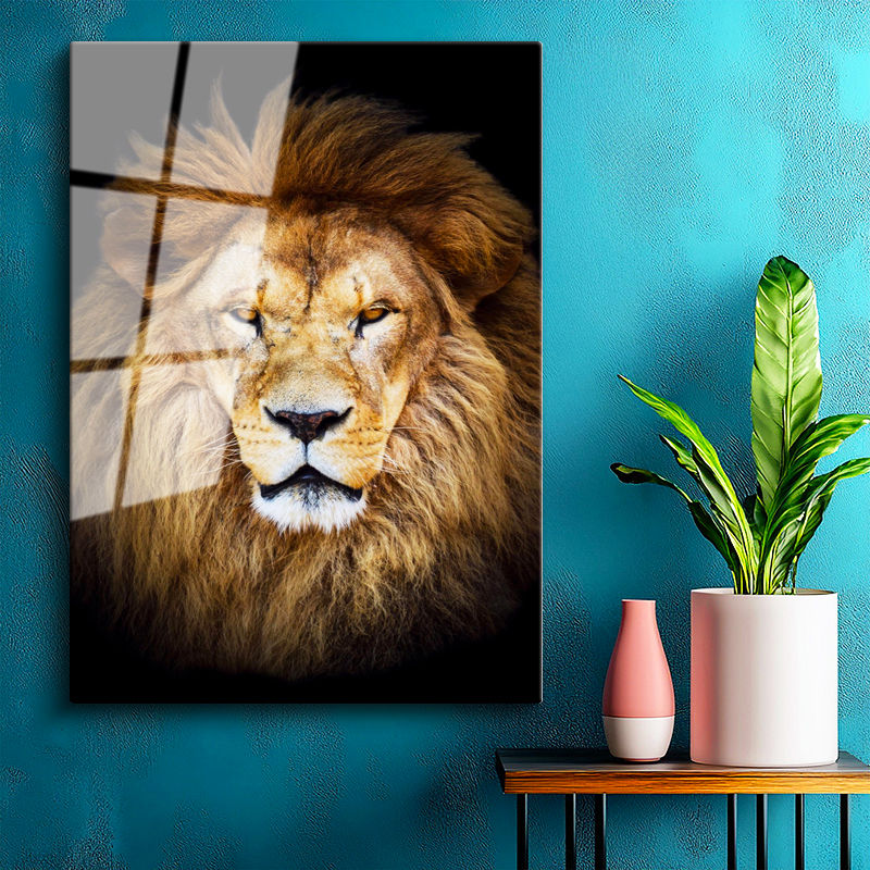 Tamperli Gerçek Cam Tablo Simetrik Yüz Hatlı Aslan Tablosu Duvar Dekoru