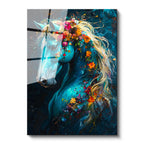 Tamperli Gerçek Cam Tablo Çiçekli Yele At Portresi At Tablosu Duvar Dekoru