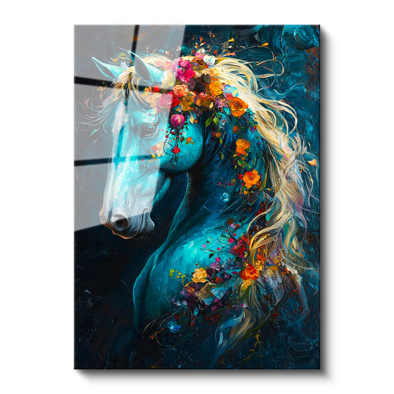 Tamperli Gerçek Cam Tablo Çiçekli Yele At Portresi At Tablosu Duvar Dekoru