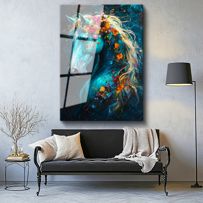Tamperli Gerçek Cam Tablo Çiçekli Yele At Portresi At Tablosu Duvar Dekoru