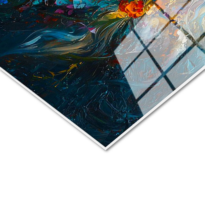 Tamperli Gerçek Cam Tablo Çiçekli Yele At Portresi At Tablosu Duvar Dekoru