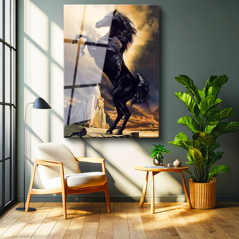 Tamperli Gerçek Cam Tablo Görkemli Duruş At Tablosu Duvar Dekoru