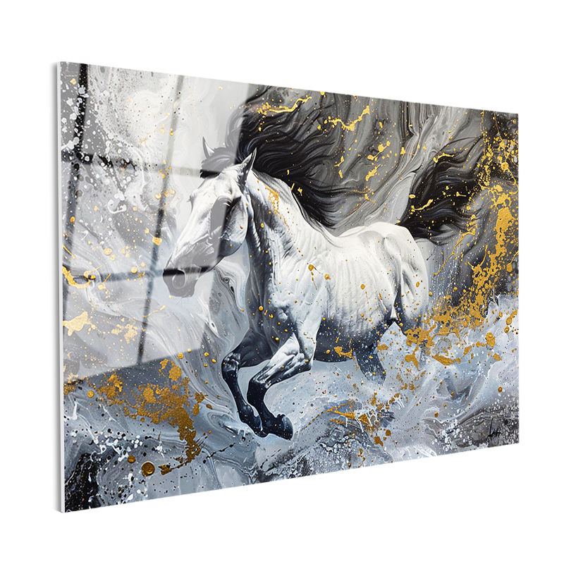 Tamperli Gerçek Cam Tablo Gri Akışkan Fon Altın Detaylı At Tablosu Duvar Dekoru