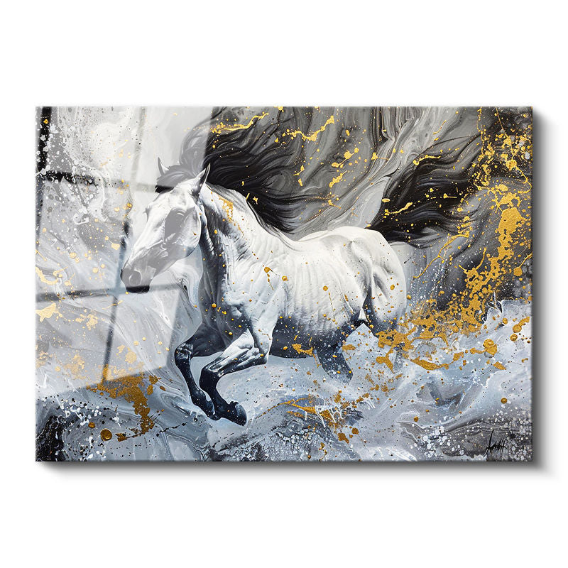 Tamperli Gerçek Cam Tablo Gri Akışkan Fon Altın Detaylı At Tablosu Duvar Dekoru
