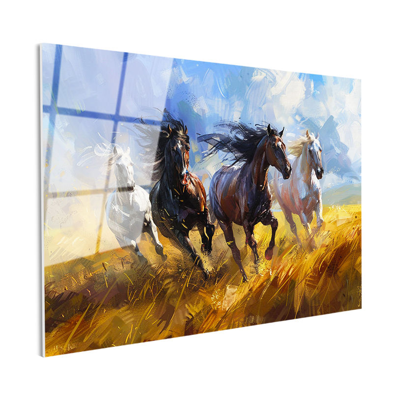 Tamperli Gerçek Cam Tablo Sarı Tarlada Dörtnala At Sürüsü Tablosu Duvar Dekoru