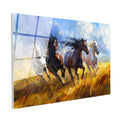 Tamperli Gerçek Cam Tablo Sarı Tarlada Dörtnala At Sürüsü Tablosu Duvar Dekoru