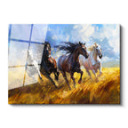 Tamperli Gerçek Cam Tablo Sarı Tarlada Dörtnala At Sürüsü Tablosu Duvar Dekoru