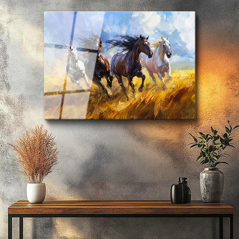 Tamperli Gerçek Cam Tablo Sarı Tarlada Dörtnala At Sürüsü Tablosu Duvar Dekoru