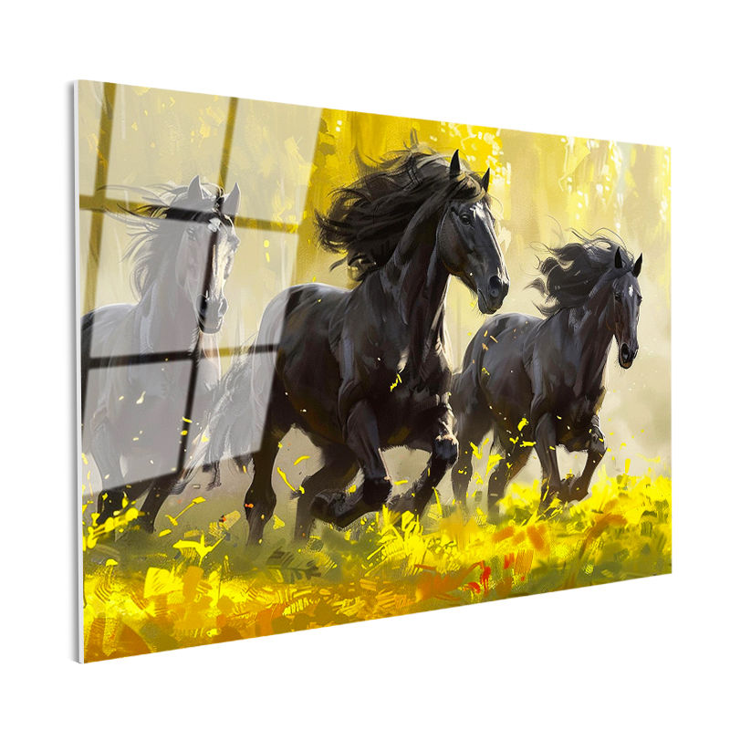 Tamperli Gerçek Cam Tablo Sarı Çiçekli Doğa Üç Siyah At Tablosu Duvar Dekoru
