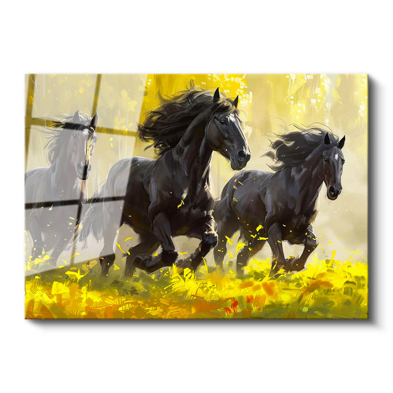 Tamperli Gerçek Cam Tablo Sarı Çiçekli Doğa Üç Siyah At Tablosu Duvar Dekoru