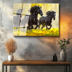 Tamperli Gerçek Cam Tablo Sarı Çiçekli Doğa Üç Siyah At Tablosu Duvar Dekoru