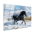 Tamperli Gerçek Cam Tablo Karlı Zemin Koşan Siyah At Tablosu Duvar Dekoru