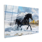 Tamperli Gerçek Cam Tablo Karlı Zemin Koşan Siyah At Tablosu Duvar Dekoru