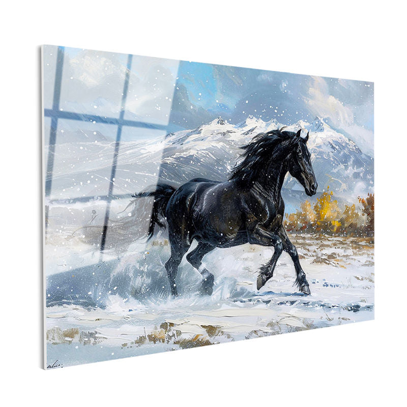 Tamperli Gerçek Cam Tablo Karlı Zemin Koşan Siyah At Tablosu Duvar Dekoru