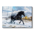 Tamperli Gerçek Cam Tablo Karlı Zemin Koşan Siyah At Tablosu Duvar Dekoru