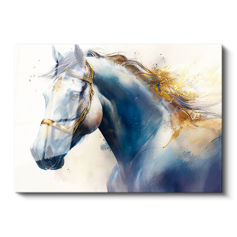 Tamperli Gerçek Cam Tablo Mavi Ve Altın Yaldız Boyalı At Tablosu Duvar Dekoru