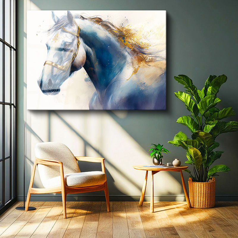 Tamperli Gerçek Cam Tablo Mavi Ve Altın Yaldız Boyalı At Tablosu Duvar Dekoru