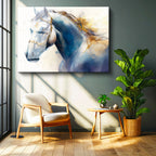 Tamperli Gerçek Cam Tablo Mavi Ve Altın Yaldız Boyalı At Tablosu Duvar Dekoru