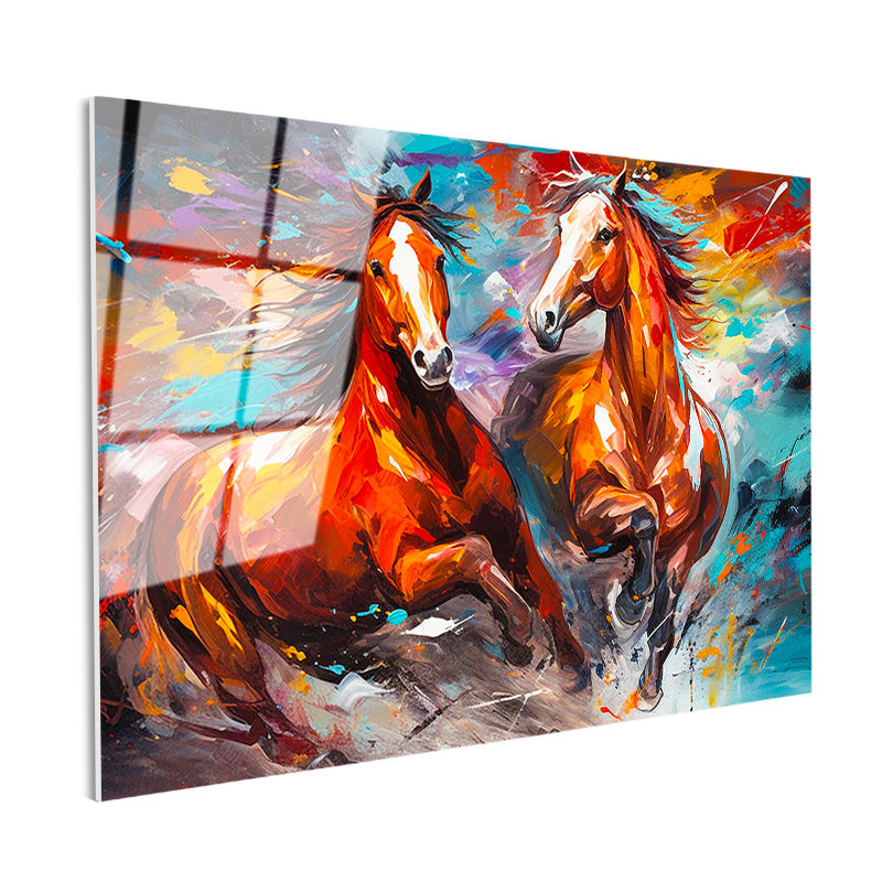 Tamperli Gerçek Cam Tablo Sanatsal Boyama Tekniği İkili At Tablosu Duvar Dekoru