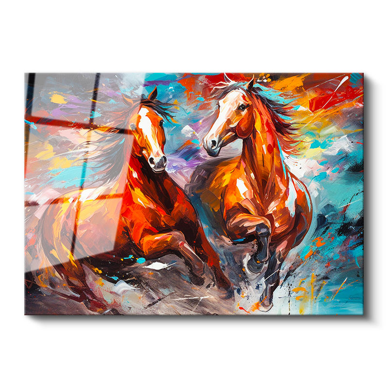 Tamperli Gerçek Cam Tablo Sanatsal Boyama Tekniği İkili At Tablosu Duvar Dekoru