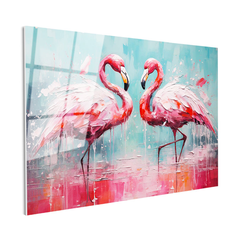 Tamperli Gerçek Cam Tablo Yağlı Boya Dokulu Sanatsal Flamingo Tablosu Duvar Dekoru