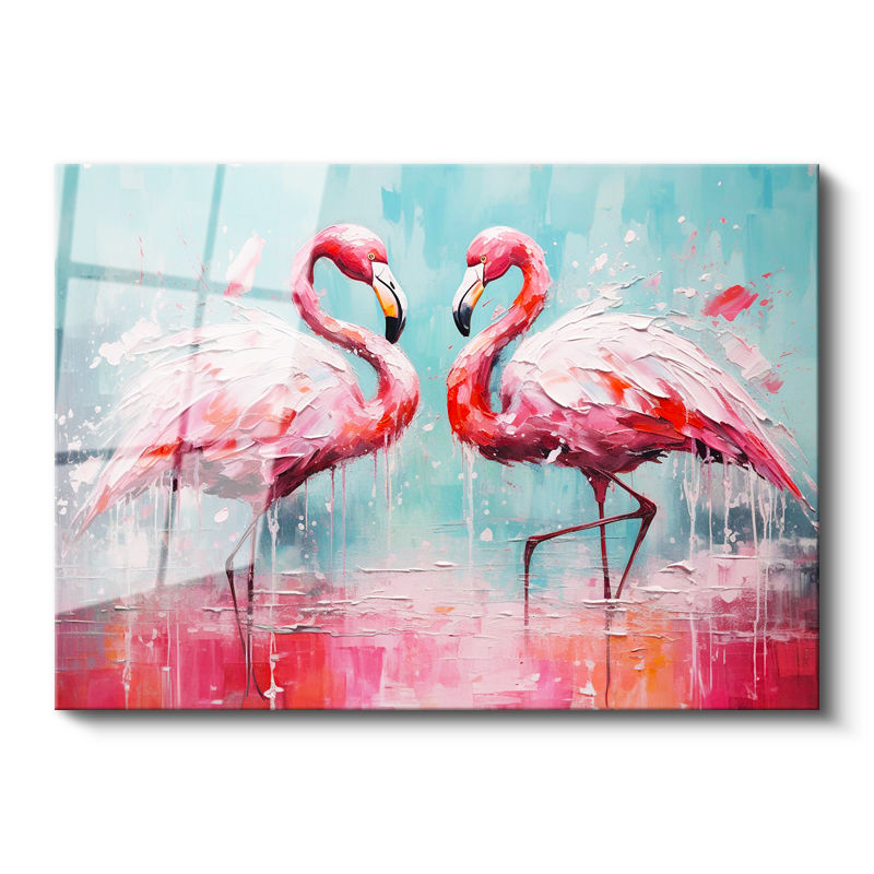 Tamperli Gerçek Cam Tablo Yağlı Boya Dokulu Sanatsal Flamingo Tablosu Duvar Dekoru